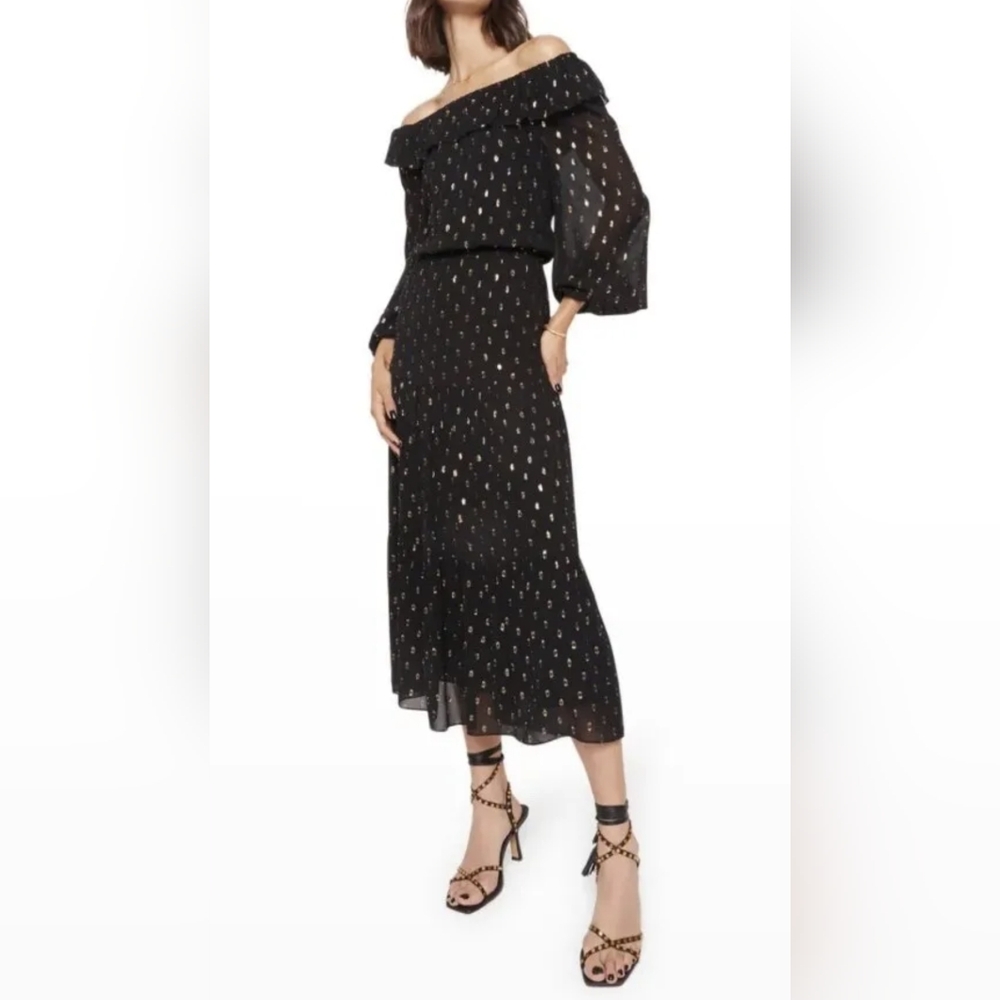 Rebecca Minkoff Holly Black Gold Shimmer Polka Dot Ruffle Smocked Maxi Dress XXL